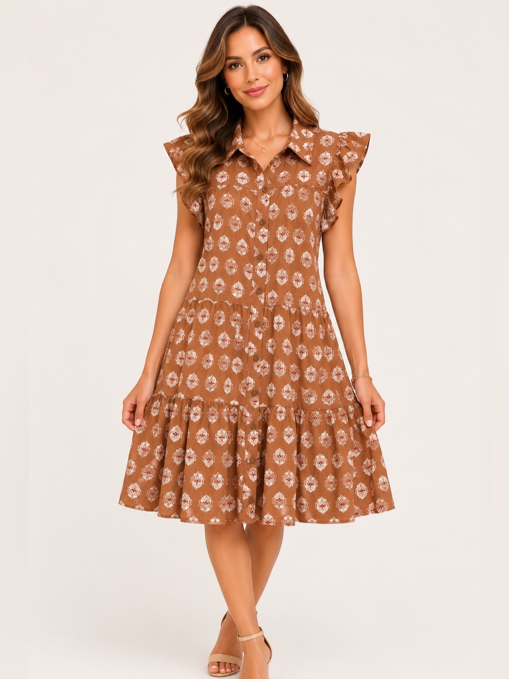 Lucky Brand Brown Floral Sheer Tiered Midi Dress Size M
